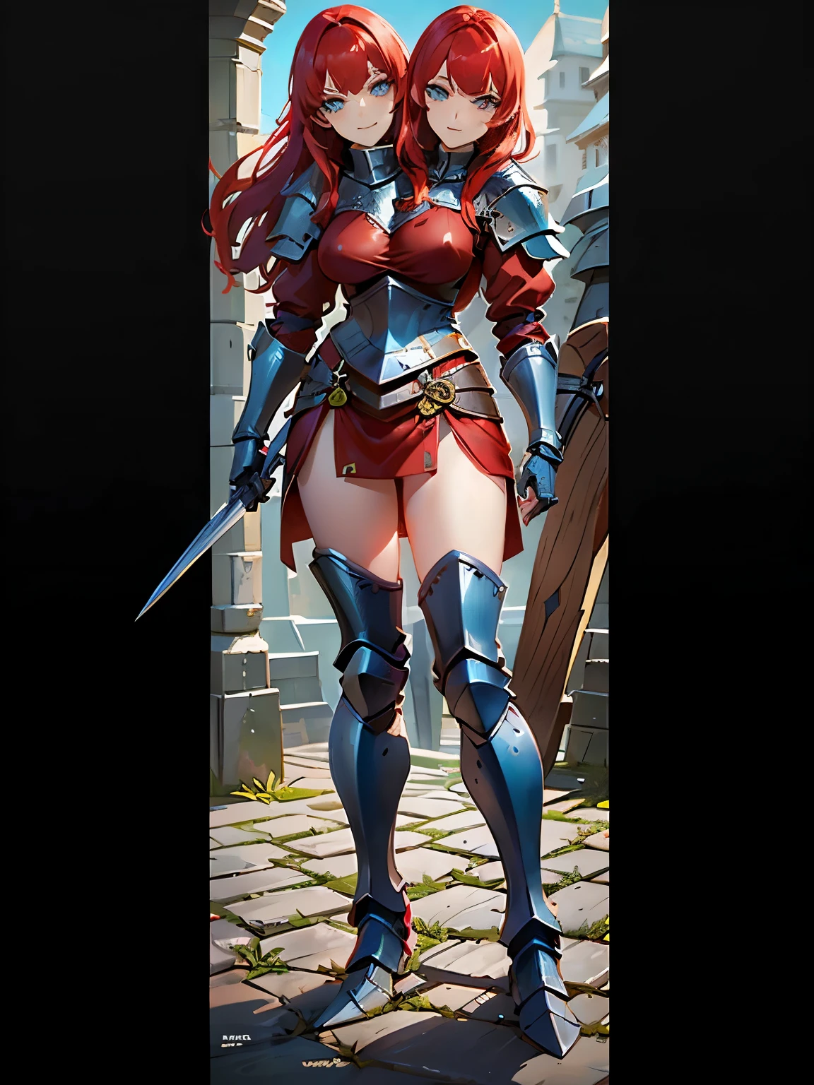 Redhead warrior, costume, best quality, 8k, wallpaper, hyper detailed, hyper realistic, short skirt, red skirt, white panties, panties appearing, thong, realistic, D&D, cameltoe, back, pantyshot, upskirt, Steel gauntlets, steel boots, steel breastplate, RAW, medieval fantasy,