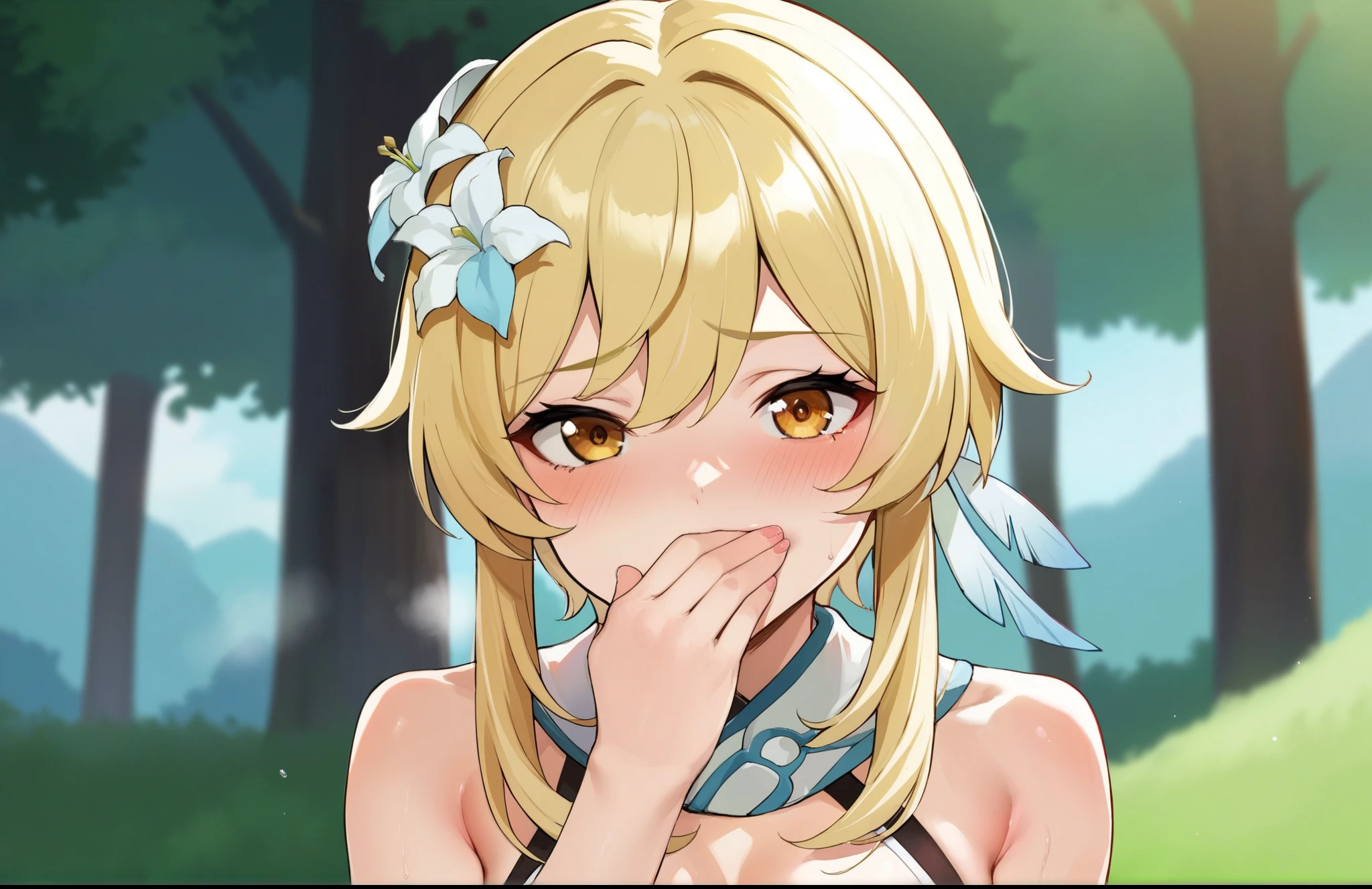 score_9, score_8_up, score_7_up, score_6_up, source_anime, BREAK by ikuchan kaoru, iku, clean color, flat color,1girl, genshin impact, lumine genshin impact, outdoors, in Forest, face focus, face closeup, face, face only, smug, shy, embarrassed, covering mouth, covering eyes