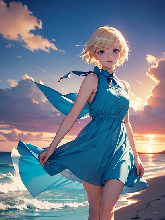 1 girl,albino, cute, blonde、beautiful, short hair, blue eyes, hair with ribbon,night light ((8K, Hmm, surreal))、Add orange braids to your hair、wearing a sleeveless dress。I'It'blue sea、walk on the white sand beach、Are crying、Reduce exposure、Dress me in transparent clothes、sunset