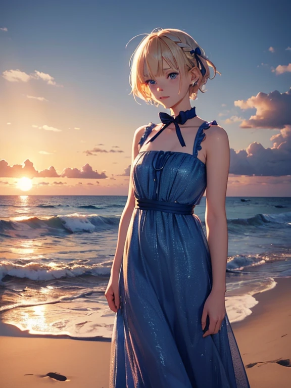 1 girl,albino, cute, blonde、beautiful, short hair, blue eyes, hair with ribbon,night light ((8K, Hmm, surreal))、Add orange braids to your hair、wearing a sleeveless dress。I'It'blue sea、walk on the white sand beach、Are crying、Reduce exposure、Dress me in transparent clothes、sunset