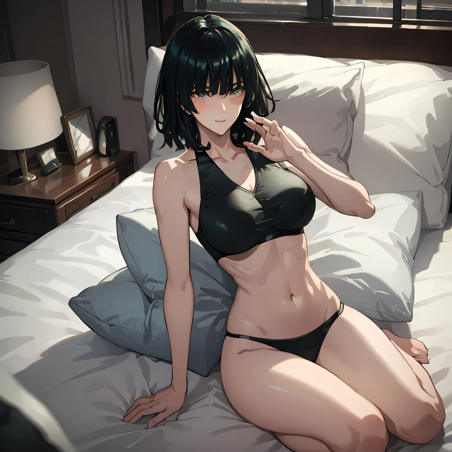 Masterpiece, ultra-detailed, One girl, lying on bed, Narrow waist, sexy hips, Full body view, Fubuki reclining on her back, Pillow hugged closely above head, Armpits exposed as she raises hand, Blushing face with a seductive smile, Flirty gaze, Inviting expression, No blurring, Ultra HD, Smooth rendition, Perfectly defined features.