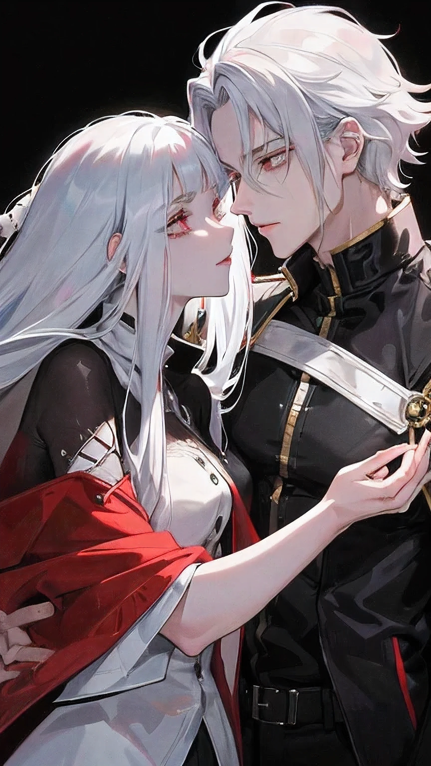 A young man with silver hair and fiery red eyes gazes deeply into the distance, his cool demeanor accentuated by his stark contrasting features. His sleek, princely-style attire complements his good looks, adding an air of regality to his persona. The young woman beside him, with her dark cascading tresses, tenderly places a hand on his arm, her countenance reflecting a loving and romantic expression. Together, they make for an enchanting illustration, akin to an anime character straight out of a manga series, with their captivating chemistry and captivating visual treat.