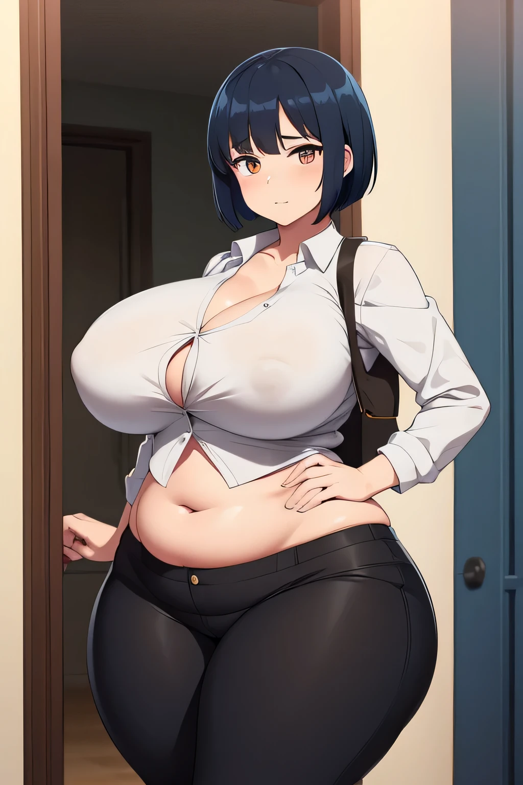 A beautiful mother, big breast, fat, mini bob, navy blue hair, light orange eyes, wearing a black vest with buttons, wearing a gray jacket, showing navel, and tight metallic black pants, huge thighs and sexy butt. 