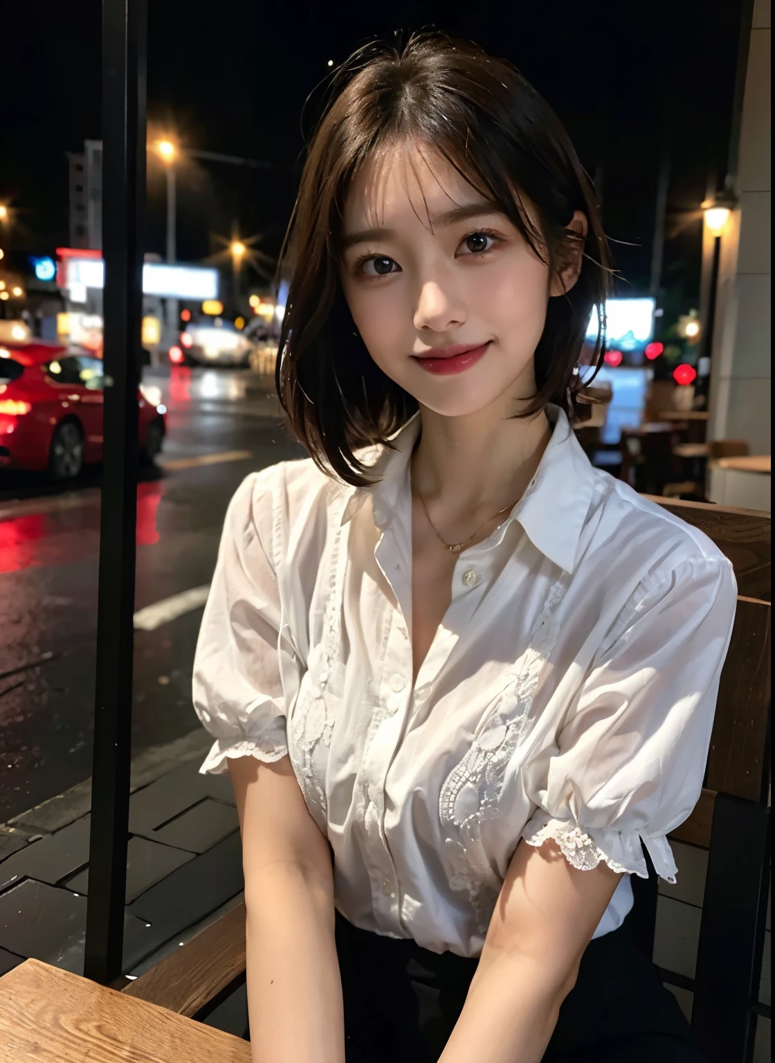 (8K, best quality, masterpiece:1.2), (actual, photo-actual:1.37), Super detailed, 1 girl,Lovely, alone,beautiful detailed sky,Detail of cafe,night,sitting,Dating,(nose blushing),(Smile:1.15),(Keep your mouth shut) small breasts,Beautiful and delicate eyes,(collared shirt:1.1), night, wet,Professional attire, rain,white lace, (short hair:1.2),Flowing HairNovaFrogStyle,,