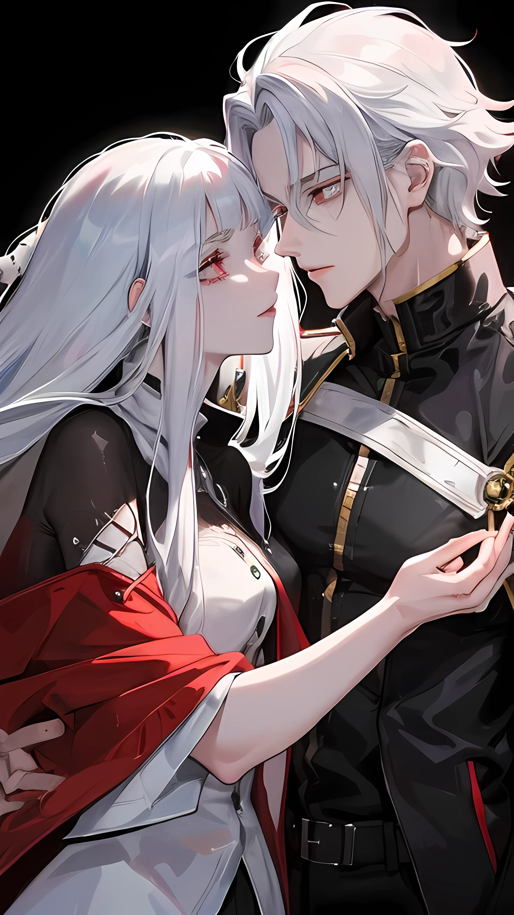 A young man with silver hair and fiery red eyes gazes deeply into the distance, his cool demeanor accentuated by his stark contrasting features. His sleek, princely-style attire complements his good looks, adding an air of regality to his persona. The young woman beside him, with her dark cascading tresses, tenderly places a hand on his arm, her countenance reflecting a loving and romantic expression. Together, they make for an enchanting illustration, akin to an anime character straight out of a manga series, with their captivating chemistry and captivating visual treat.
