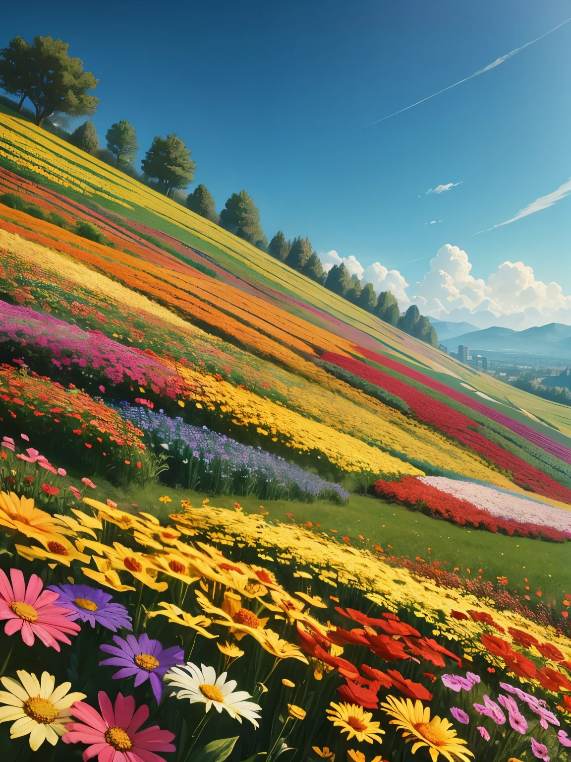 flower field (bloom), colorful flowers, garden, ultra detailed, high quality, 8k resolution, zoom out