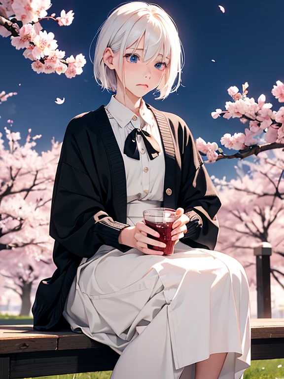 1 girl in her 30s,albino, cute, black hair、beautiful, short hair, blue eyes, night light ((8K, Hmm, surreal))、long skirt、wearing a cardigan、I'It'Cherry Blossom、Cherry blossoms at night、SakuraFubuki、Sit down crouching down holding your head、I can't move、worry、depressed face、Sad face、looking down、Don't have excess limbs、I drank alcohol and got drunk