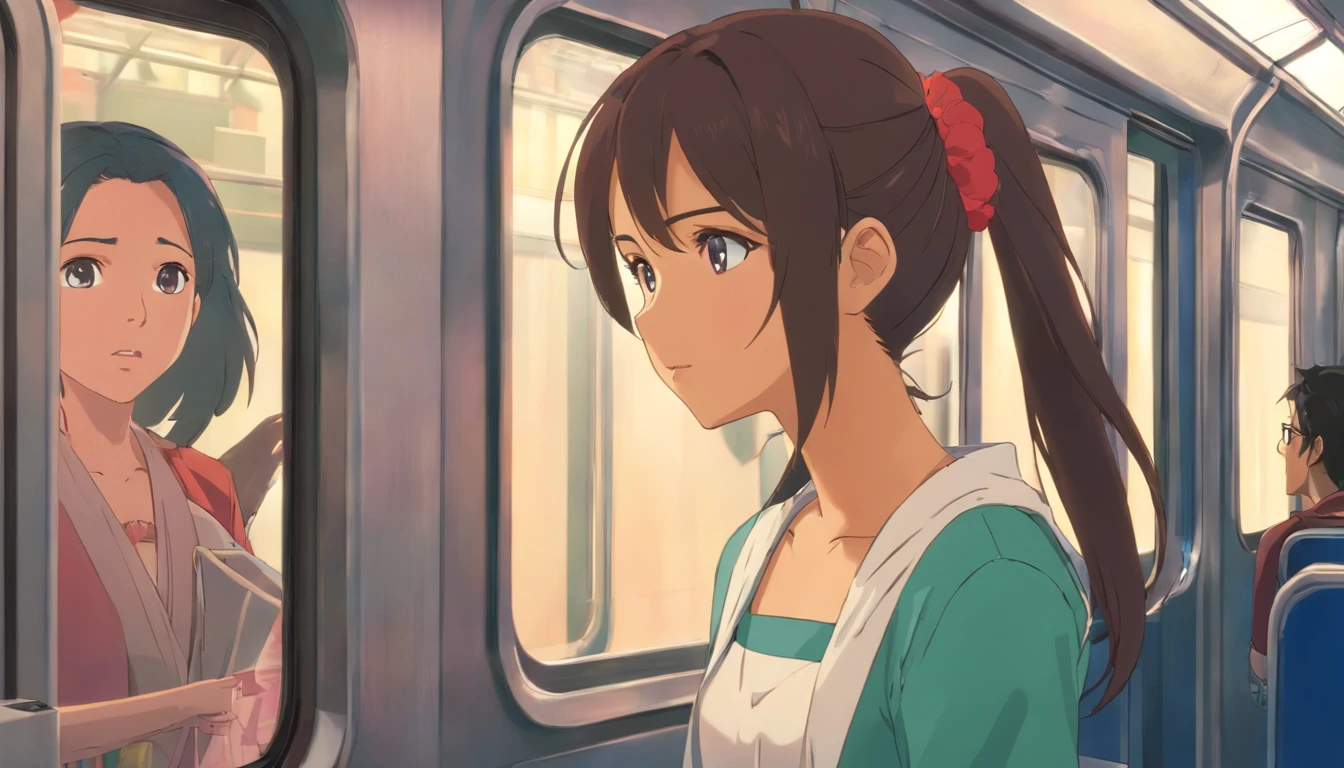 A simple but matured looking south indian girl without makeup in her mid 20s 
Dressed a simple chudidhar with loose pony tail and few hairs falling on her face is standing and slanting on the train wall inside the train near the door iside of a crowded metro train watching outside through the window 