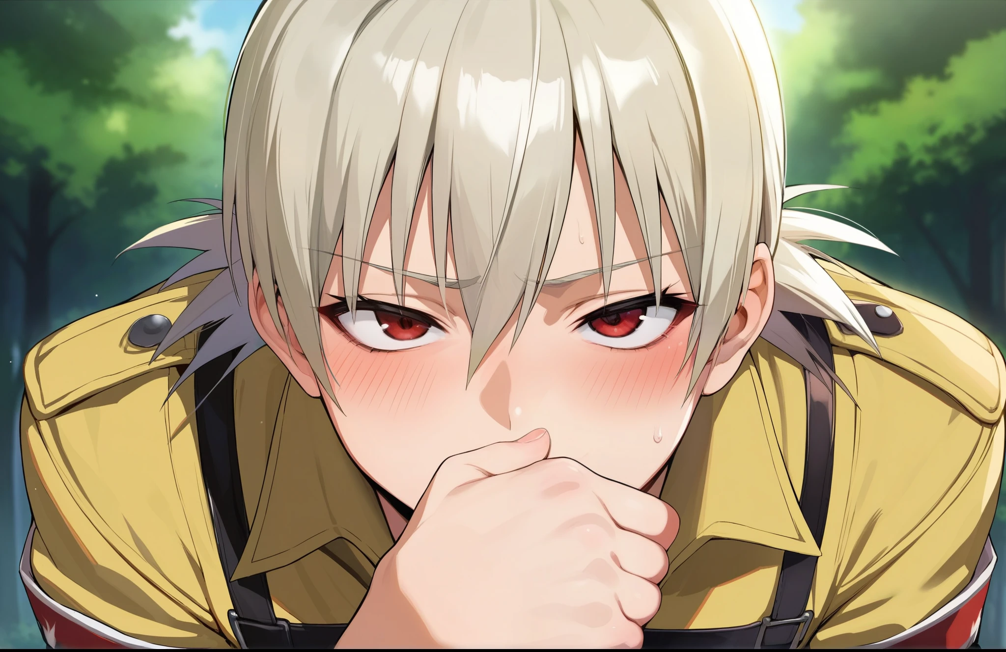 score_9, score_8_up, score_7_up, score_6_up, source_anime, BREAK by ikuchan kaoru, iku, clean color, flat color,1girl, seras, hellsing, outdoors, in Forest,  face focus, face closeup, face, face only, smug, shy, embarrassed, covering mouth