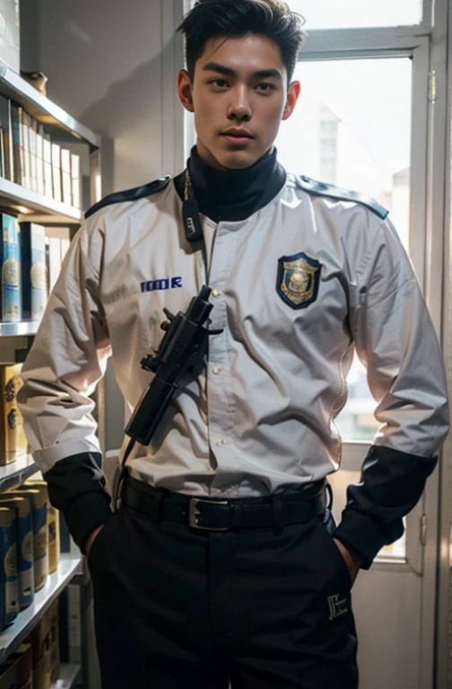 1 young handsome guy,20-25 years old,police officers,Interpol,Police Department,With a gun,Handsome,musculous,Thin muscles,hairy bodies,Police uniform(Fine eye 1:3),Black eyes,full bodyesbian,full bodyesbian