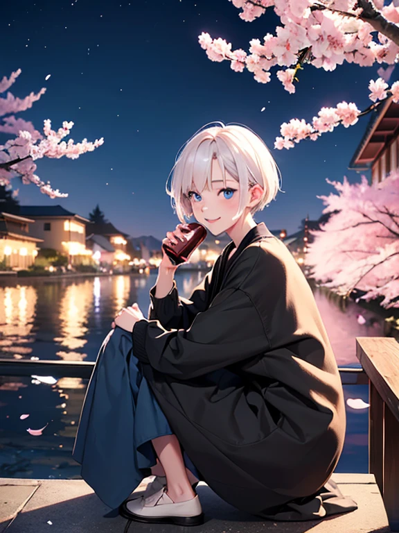 1 girl in her 30s,albino, cute, black hair、beautiful, short hair, blue eyes,  night light ((8K, Hmm, surreal))、long skirt、wearing a cardigan、I&#39;It&#39;Cherry Blossom、Cherry blossoms at night、SakuraFubuki、Sit down crouching down holding your head、I can&#39;t move、Don&#39;t have excess limbs、I drank alcohol and got drunk、shy smile、cheeks are red