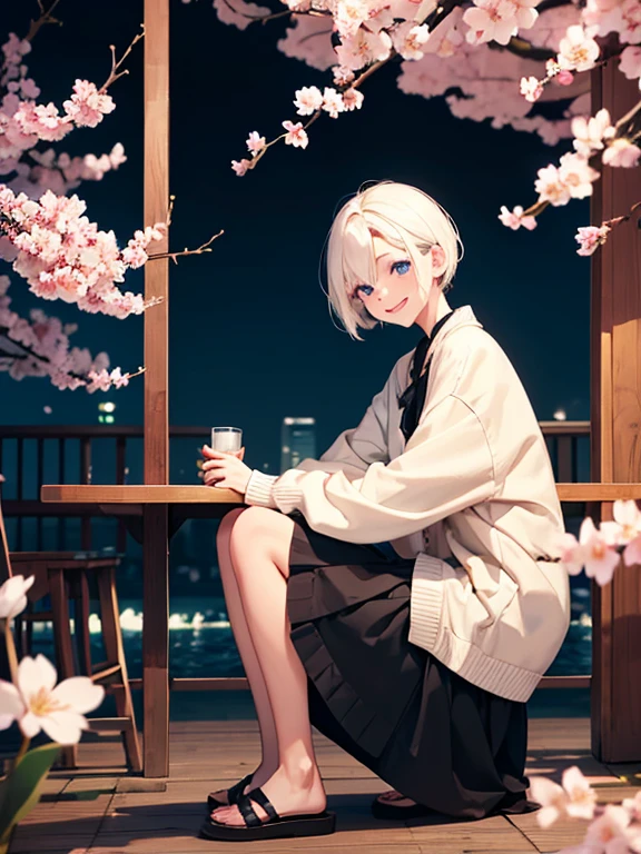 1 girl in her 30s,albino, cute, black hair、beautiful, short hair, blue eyes,  night light ((8K, Hmm, surreal))、long skirt、wearing a cardigan、I&#39;It&#39;Cherry Blossom、Cherry blossoms at night、SakuraFubuki、Sit down crouching down holding your head、I can&#39;t move、Don&#39;t have excess limbs、I drank alcohol and got drunk、shy smile、cheeks are red