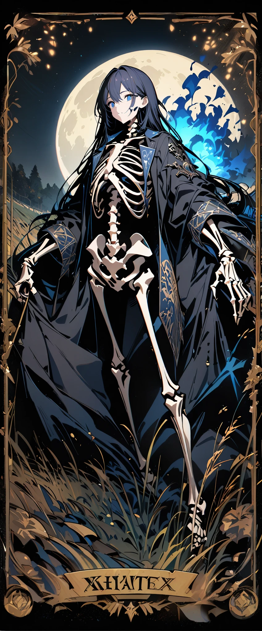 tarot cards，Skeleton with blue fire eyes，field，Huge moon night，8k，high quality，masterpiece，Super fine，Rich details