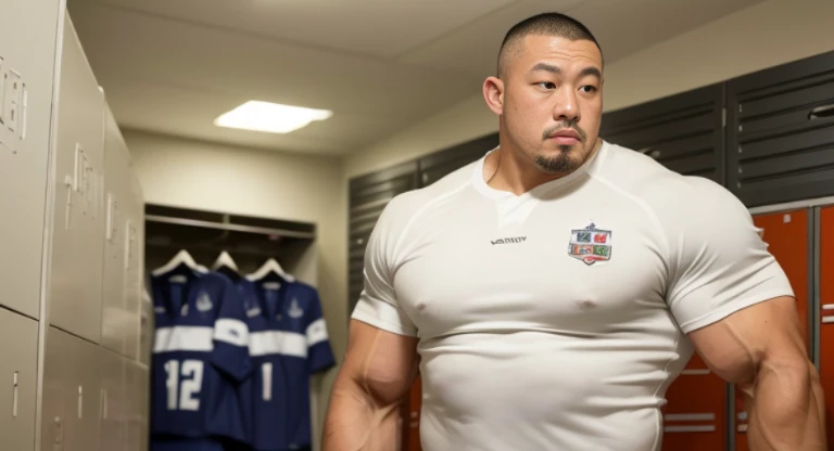 (facing each other:1.2), (kissing:1.2), (rugby uniform:1.2), (inside club locker room:1.2), Japanese man, Chinese man, Korean man, Taiwanese man, manly face, (round face:1.2), (monolid eyes:1.2), (buzz cut:1.4), very large and strong body, bulging muscles, very large pectoral muscles, muscular arms, muscular abs, muscular legs, muscular back, brightens oily skin, master piece, realistic, panorama, distant view