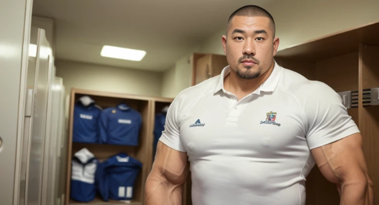 (facing each other:1.2), (kissing:1.2), (rugby uniform:1.2), (inside club locker room:1.2), Japanese man, Chinese man, Korean man, Taiwanese man, manly face, (round face:1.2), (monolid eyes:1.2), (buzz cut:1.4), very large and strong body, bulging muscles, very large pectoral muscles, muscular arms, muscular abs, muscular legs, muscular back, brightens oily skin, master piece, realistic, panorama, distant view