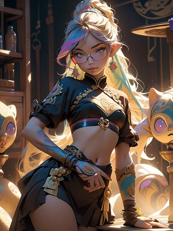 glow，masterpiece, beautiful, 4K, best quality, rave style， cute face, small breasts,  rainbow hair，high ponytail，(pointed ears)，round frame glasses，wide hips，Pouting expression, miniskirt,Slit skirt,(Maid appearance),Clothes that have fallen apart,((Lying)), (oil skin),(nsfw:0.55), ((flat chested, flat stomach, baby face)), (intense colors),  64k, award winning illustration, realistic light, ultra-detailed, high quality concept art, trending art on Artstation, Chinese ink painting, inspired by Daiqing Tana and Haya, inspired by SaDingDing, inspired by Otyken, inspired by Cave of 1,000 Buddhas and Taoist mythology, inspired by Alphonse Mucha style with art nouveau elements.