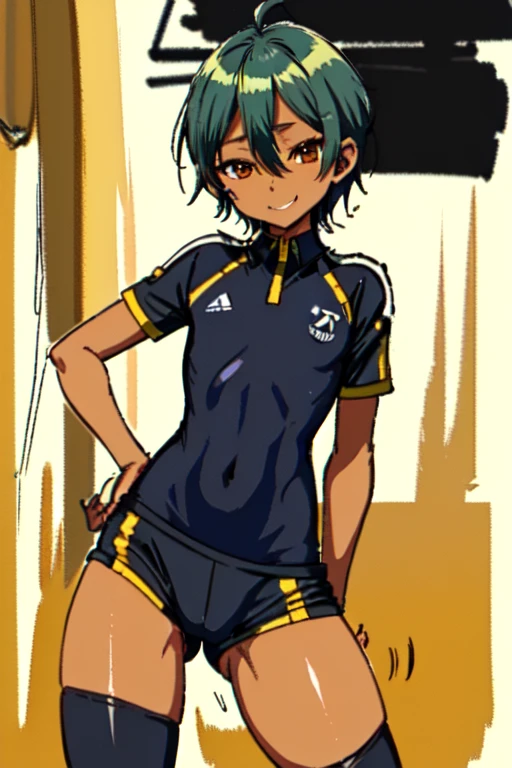 (((official art,Ultra-fine illustration,High resolution,  最high quality,最high quality,)))high quality, become familiar with, (),12 years oace striker male idol with a super cute face,A boy as beautiful as Planding, long legs, thighs, feet, (There is no swelling in the chest), (black hair、short hair)、(tight soccer uniform bodysuit), (tight and shiny spats), (soccer socks), lawn area, (厚いthighs)、(((soccer field in the park)))、((Saucy、))、grin and laugh、feetを広げて,Ultra-fine painting, ,service shot、bulge in crotch、(((Soccer ball in the crotch))),(((Vulgarity))),((blonde short hair、black skin:1.2)),