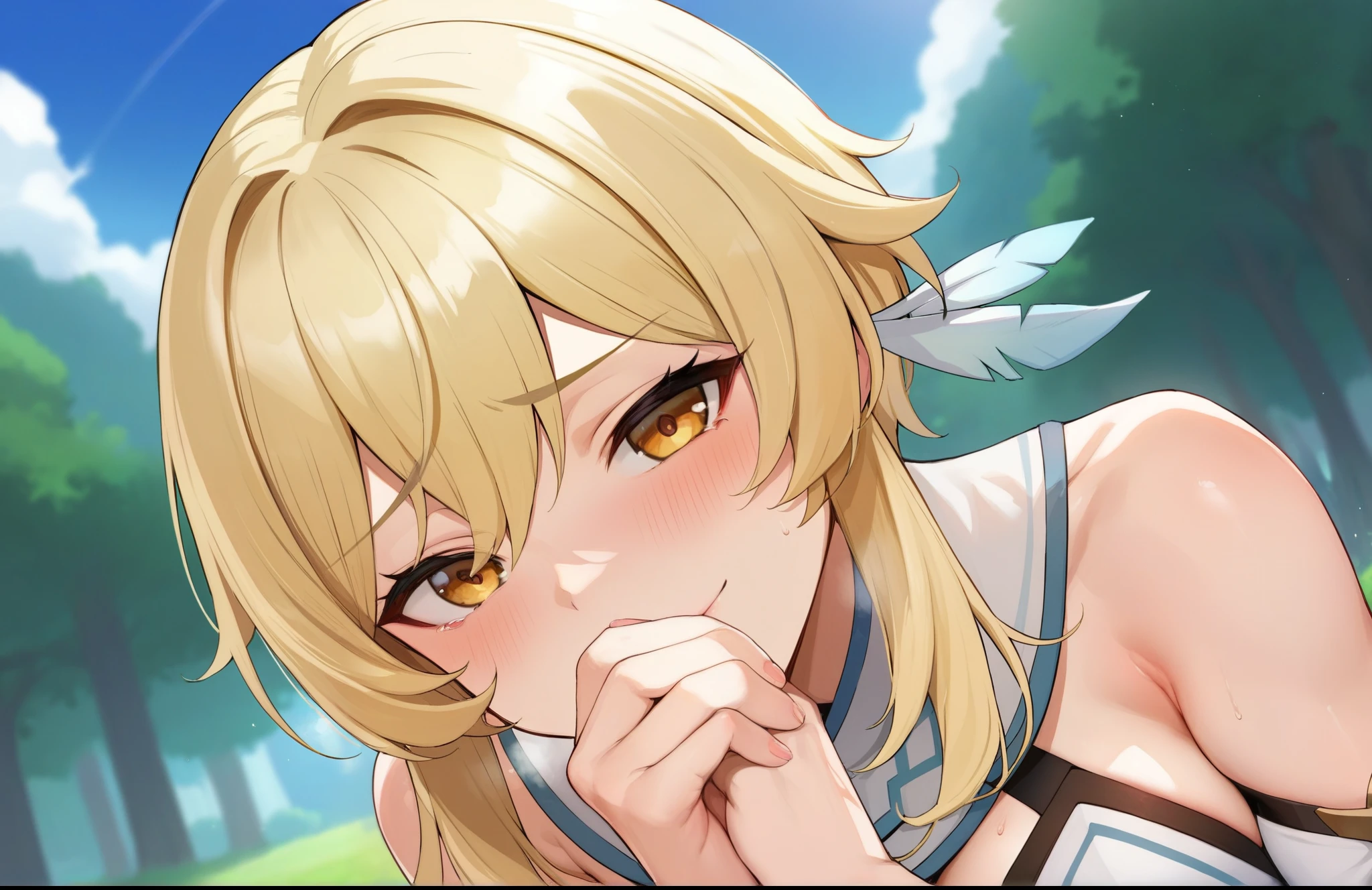 score_9, score_8_up, score_7_up, score_6_up, source_anime, BREAK by ikuchan kaoru, iku, clean color, flat color,1girl, genshin impact, lumine genshin impact, outdoors, in Forest,  face focus, face closeup, face, face only, smug, shy, embarrassed, covering mouth, covering eyes