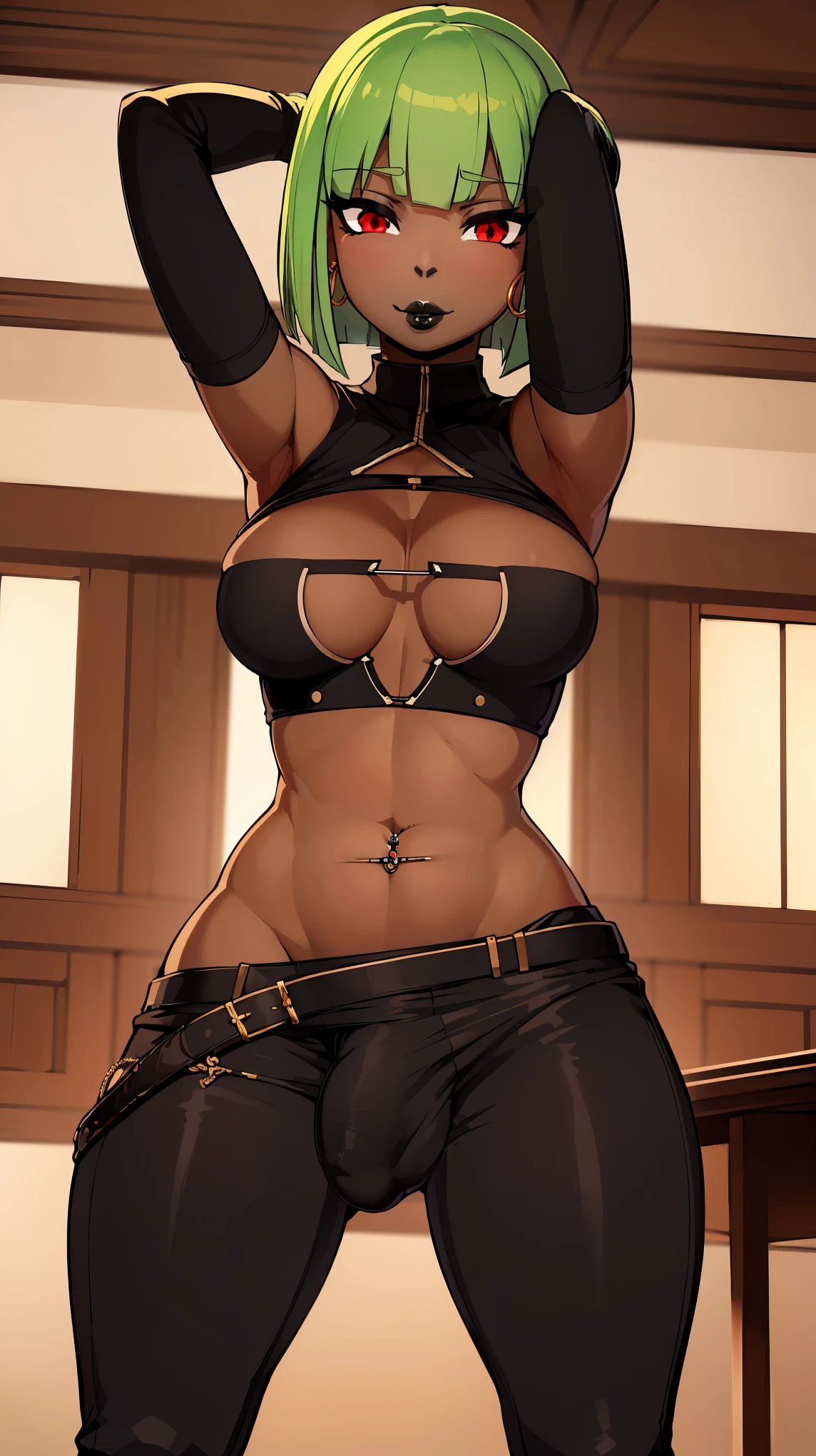 (solo:1.1),(masterpiece), (best quality:1.3), highly detailed, intricate, professional art, digital art, absurdres, nyantcha, emerald sustrai, futanari emerald sustrai wearing a green crop-top cleavage cutout detached sleeves and pants confidently posing with arms behind head indoors, pants, 1girl, solo, (dark skin:1.4), green hair, bob hair, gold hoop earrings, ab lines, gold navel piercing, detailed stomach, red eye colour, dark skin, small breasts, (aroused:1.2), (futanari:1.1), (wide hips:1.4), (makeup 1:1), (Black lipstick:1.3), beestung lips, penis bulge, (crotch bulge:1.4), crotch bulge, testicle bulge , furniture, frontal view, universal lighting 