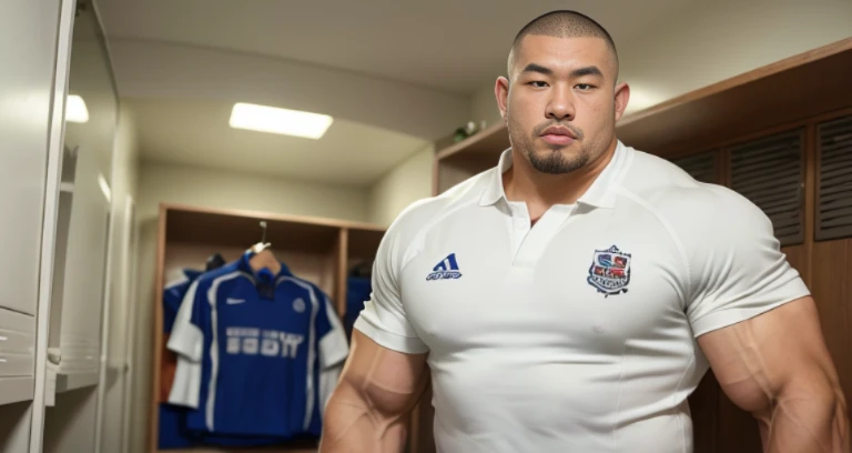 (facing each other:1.2), (kissing:1.2), (rugby uniform:1.2), (inside club locker room:1.2), Japanese man, Chinese man, Korean man, Taiwanese man, manly face, (round face:1.2), (monolid eyes:1.2), (buzz cut:1.4), very large and strong body, bulging muscles, very large pectoral muscles, muscular arms, muscular abs, muscular legs, muscular back, brightens oily skin, master piece, realistic, panorama, distant view