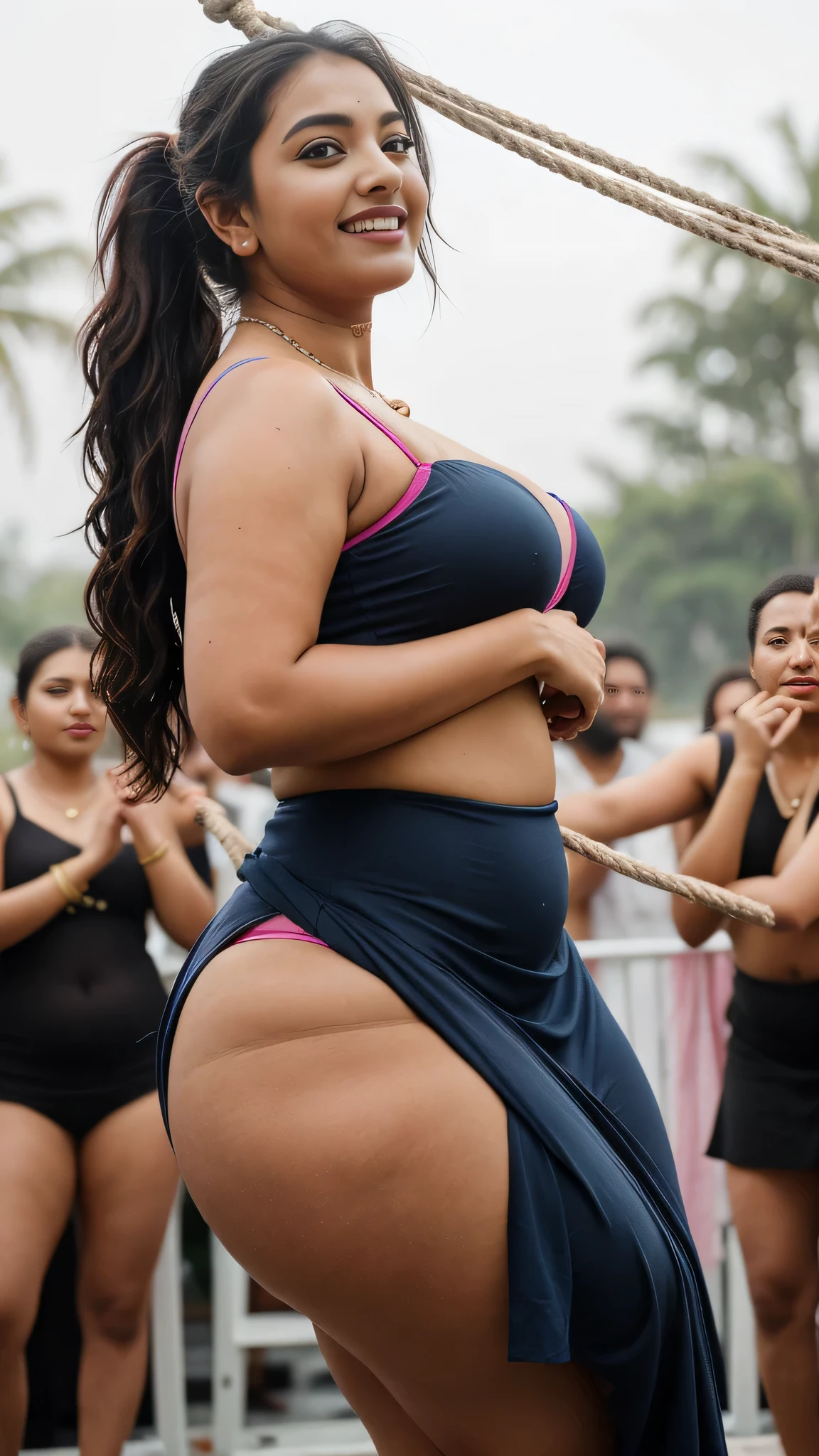 day scene, extreme close up photo of nithya, hourglass figure, swinging in air with wide open legs, body tied with rope and crowd playing tug of war with that rope, crowd grabbing her breasts and waist, sexy navel, hanging from the ceiling with her arms tied by a rough rope, swooping breasts, ponytail hair, necklace, sultry, look at viewer and smile, (cinematic:1.3), intricate details, (ArtStation:1.2) Two woman in a blue pink and black tight little long dress posing for a picture, ponytail,indian super model, very large bosum, hindu, provocative indian, really large bosum, attractive feminine curves, beautiful sexy woman photo, style of beautiful body, curvy accentuated booty, large bosum, curvy and bow, trending on bbwchan, wearing pink sari, beautiful curvy female, desi, wet clothes, super tight clothes ,