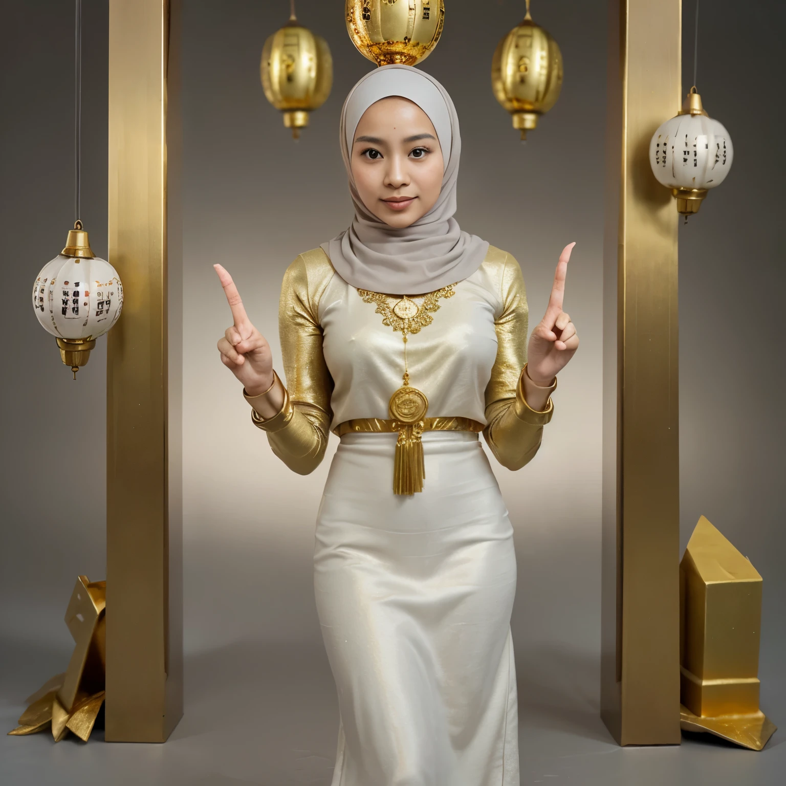 Prompt: Full HD, hyperrealistic, image of a beautiful young Asian standing, full body, wearing a hijab and a light white dress, decorated, hand pose with a namaste gesture, against a gray background with gold ornaments, a geometric gold ornament, a miniature mosque, green ketupat and two hanging gold lanterns