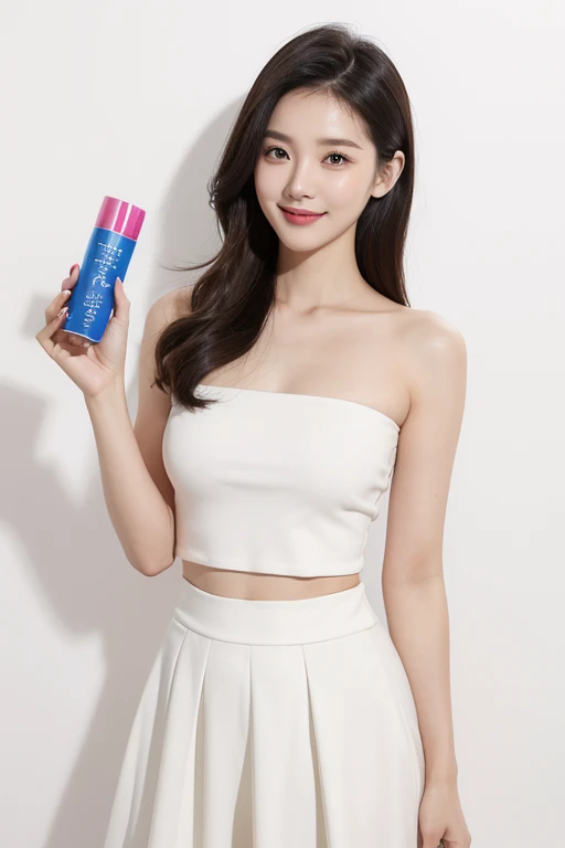 A beauty from Hong Kong, China，Fashion、Cheerful、Love to laugh，Intellectual，30 years old，Wearing a white tube top skirt，Pure white background，One hand holding product endorsement