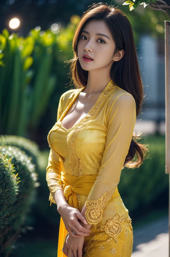 8k, best quality, Medium close-up, (yellow kebaya )、(luxury kebaya ),(top-quality,​masterpiece:1.3,超A high resolution,),(ultra-detailliert,Caustics),(Photorealsitic:1.4,RAW shooting,)Ultra-realistic capture,A highly detailed,high-definition16Kfor human skin, Messy Updo hair, Cute and lovely Korean girl, realistic, ultra detail, photo realistic, Increase quality, 
 standing in a garden with a scarf, garden, (large breast), (cleavage ), close-up shot,  mouth,dark-haired, long hair, (depth of fields、chromatic abberation、Wide range of lighting、Natural Shading、)、(Exterior light at night:1.4)、(Hair swaying in the wind:1.2).