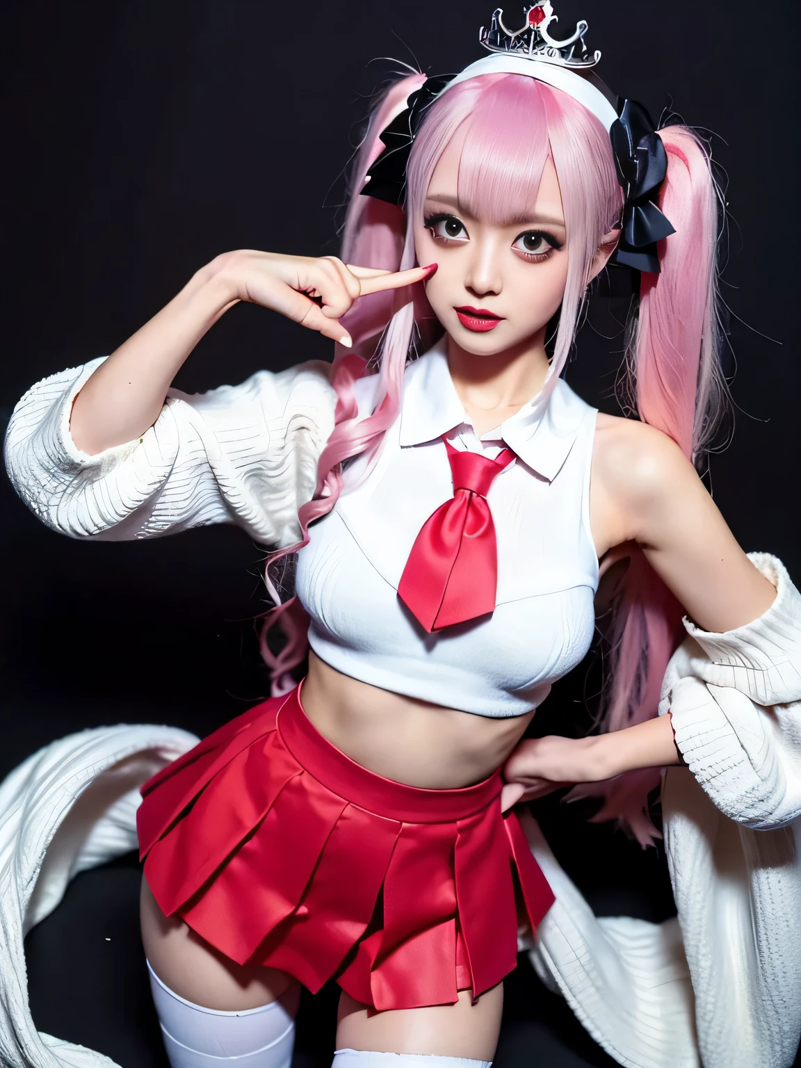 PeronaChan, 1girl, pink hair, black eyes, blunt bangs, drill hair, red lipstick, twintails, crown, black and white stockings, red boots, red capelet, white shirt with sleeves, red skirt, midriff, perfect anatomy, solo, 1girl and 1boy kabedon pov, hands on own chest((Show your armpits))gal.safetensors