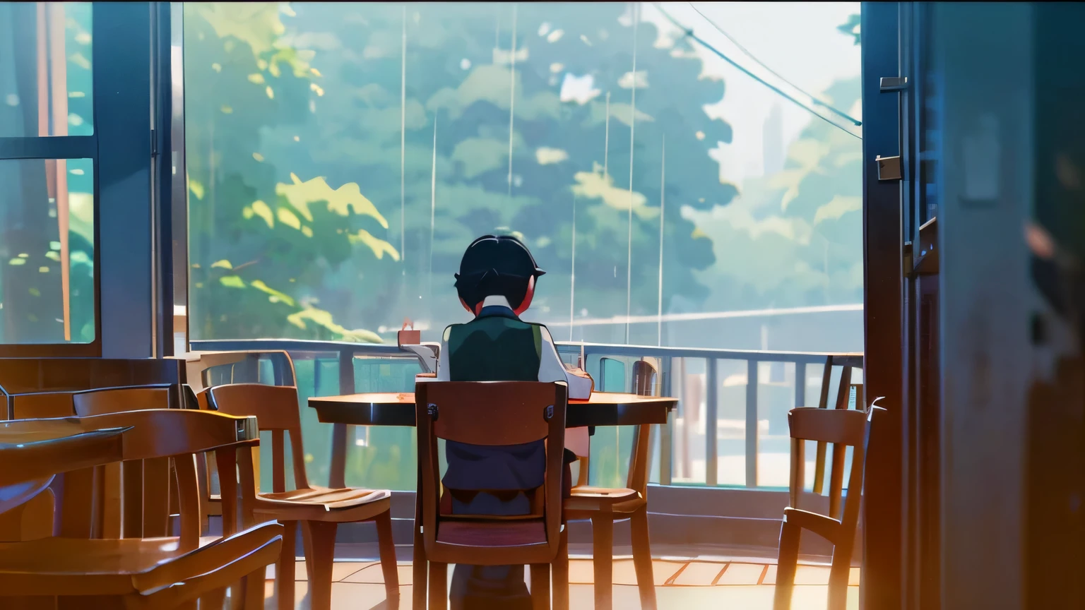 A magical scene of a small coffee shop on a rainy afternoon, capturada por Makoto Shinkai, Soft color palette that enhances the atmosphere, lofi music adding a unique sound layer, atmosphere of serenity and conviviality (melhor qualidade), 8k resolution), (ultra highres).