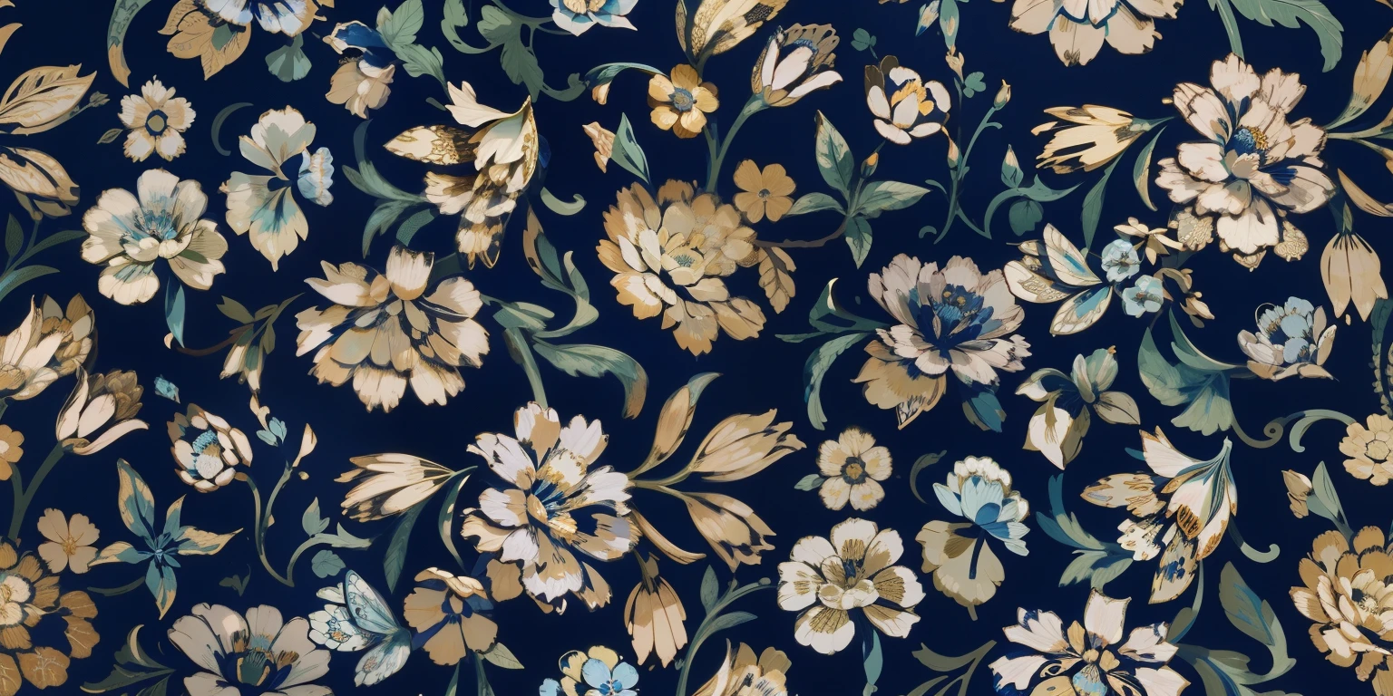 Close-up on blue background,There is a bouquet of flowers on it, ornate flowery, inspired by William Morris, flowery dream, flowery pattern, gorgeous flowers, Paisley, Textile printing, beatrice blue, Indigo blooming garden, gilded. flowery, blue forest with flowers, flowery motives, Baroque fabric, Jin brocade dark blue clothes, flowery! complex, flowery