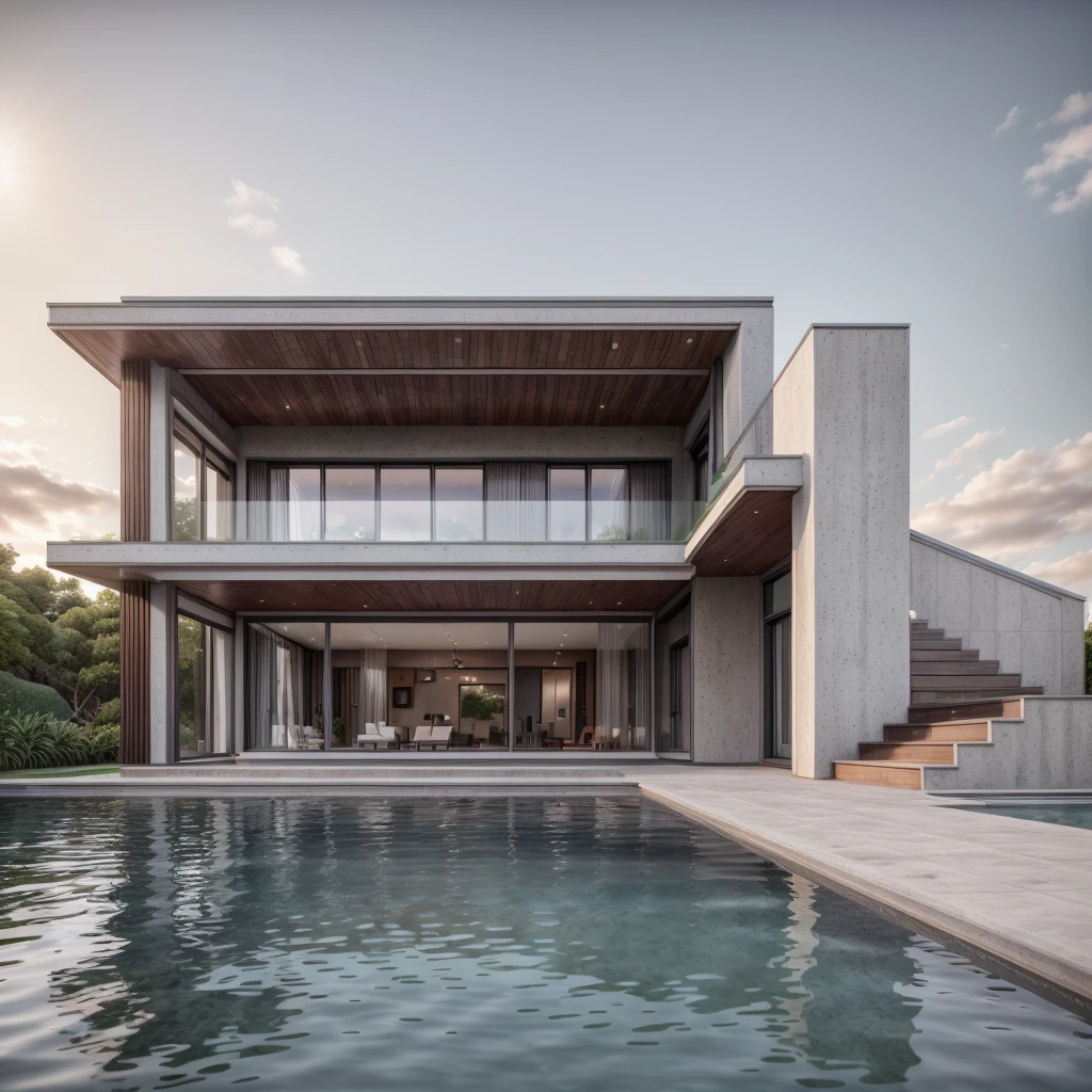 the exterior of the house; garden landscape, a pool with clear water, daytime, realistic, wide angle, (( render vray )), cloudy sky, sunset, European plants, render, spring light, detailed, modern style, clear image, glasses, high reflection, RAW photo, (high detailed skin:1.2), 8k UHD, DSLR, soft lighting, high quality, film grain, Fujifilm XT3