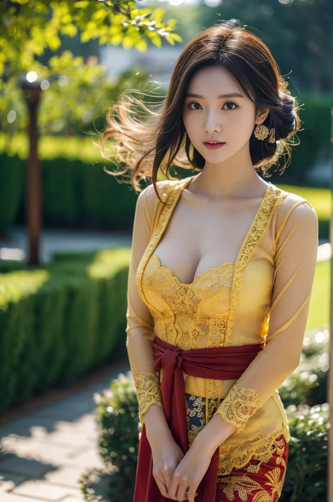 8k, best quality, Medium close-up, (red kebaya )、(luxury kebaya ),(top-quality,​masterpiece:1.3,超A high resolution,),(ultra-detailliert,Caustics),(Photorealsitic:1.4,RAW shooting,)Ultra-realistic capture,A highly detailed,high-definition16Kfor human skin, Cute and lovely Korean girl, realistic, ultra detail, photo realistic, Increase quality, 
 standing in a garden with a scarf, garden, (large breast), (cleavage ), close-up shot,  mouth,dark-haired, Messy Updo hair, (depth of fields、chromatic abberation、Wide range of lighting、Natural Shading、)、(Exterior light at night:1.4)、(Hair swaying in the wind:1.2).