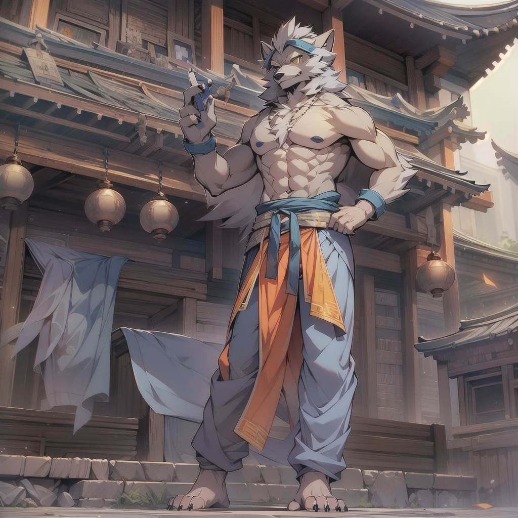 best quality, young,thin, , hairy, alone, male wolf: 1.5, light blue fur: 1.3, Light blue ears, Animal ears, yellow eyes, Doll hands, muscular body, abdominal muscles, Wear Shaolin legs, topless, Standing in the courtyard of Shaolin Temple.