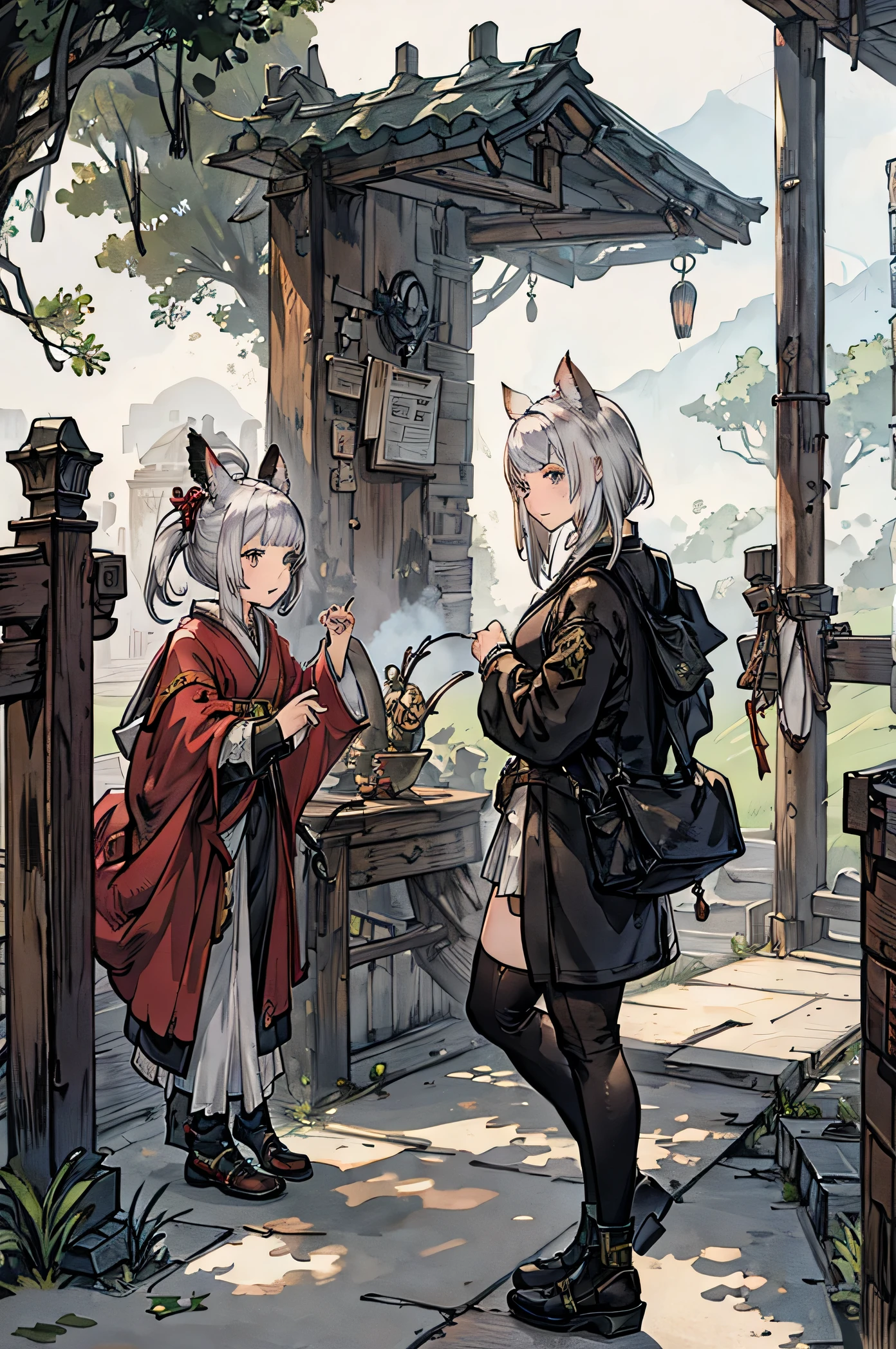 ffxiv, catgirl, samurai, silver hair, green eyes,