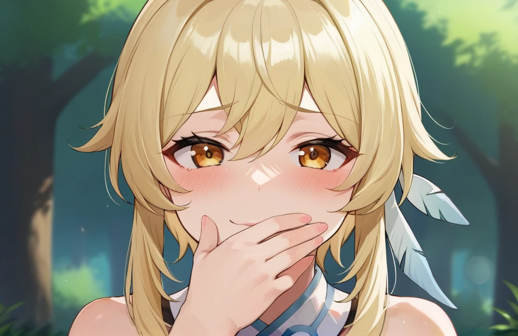 score_9, score_8_up, score_7_up, score_6_up, source_anime, BREAK by ikuchan kaoru, iku, clean color, flat color,1girl, genshin impact, lumine genshin impact, outdoors, in Forest, face focus, face closeup, face, face only, smug, shy, embarrassed, covering mouth, covering eyes