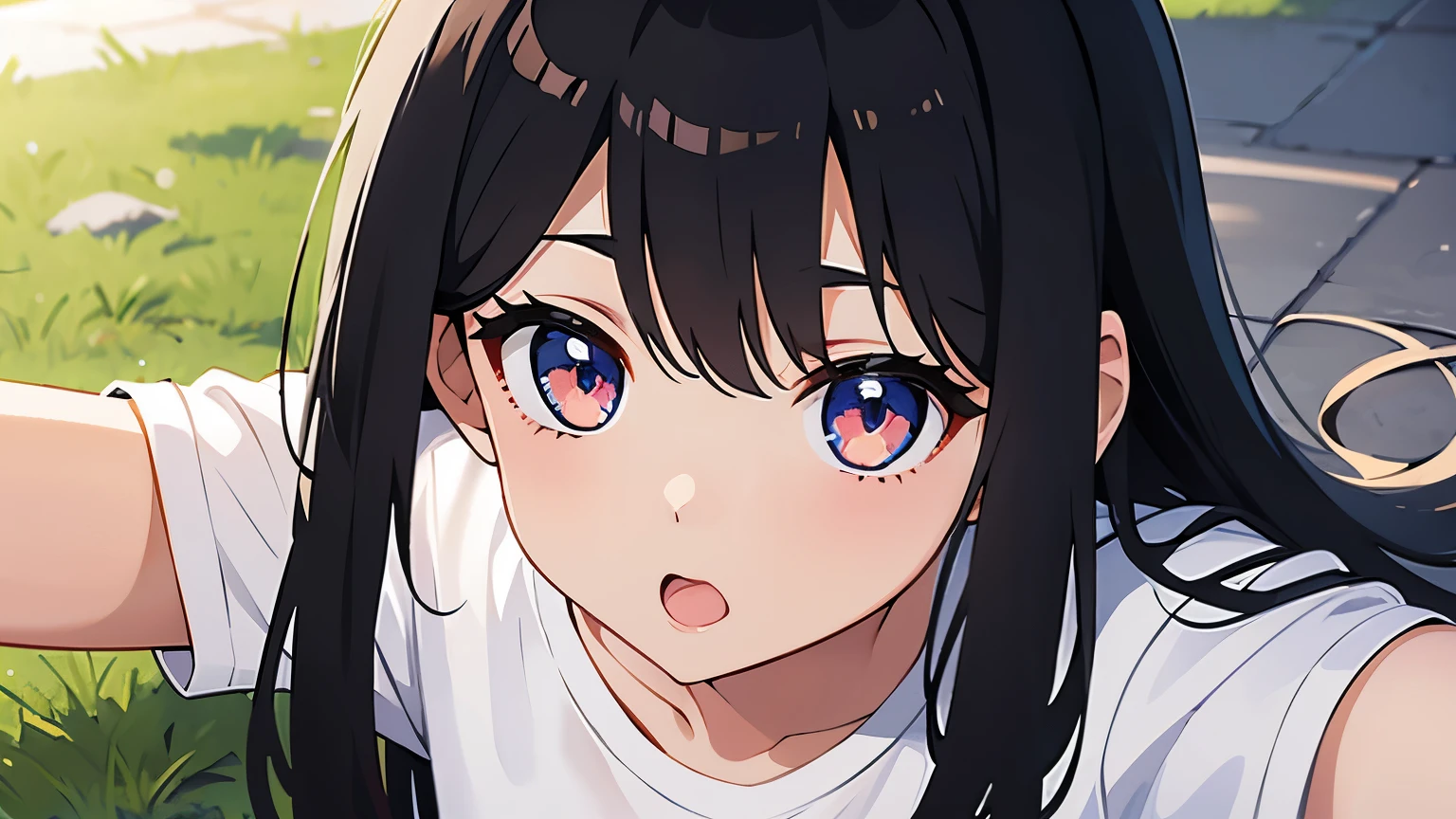 girl、anime style、eyes look up、mouth open、black hair、long hair、white t-shirt