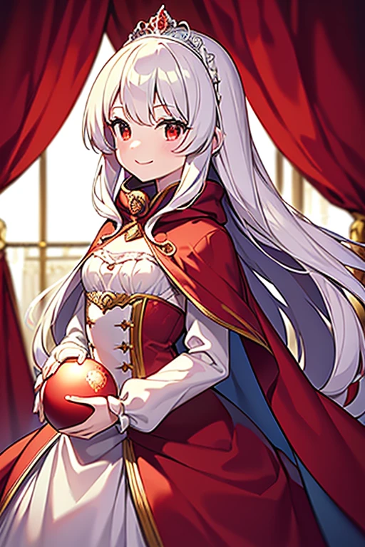 (best quality),(ultra detailed), upper body, beautiful anime art style, rococo style,(long train red cape), very long cape,(long train white ball gown with flower decorations), a girl is wearing a cape over her ball gown, 1 little princess, tiara, small breasts, smile, very long hair