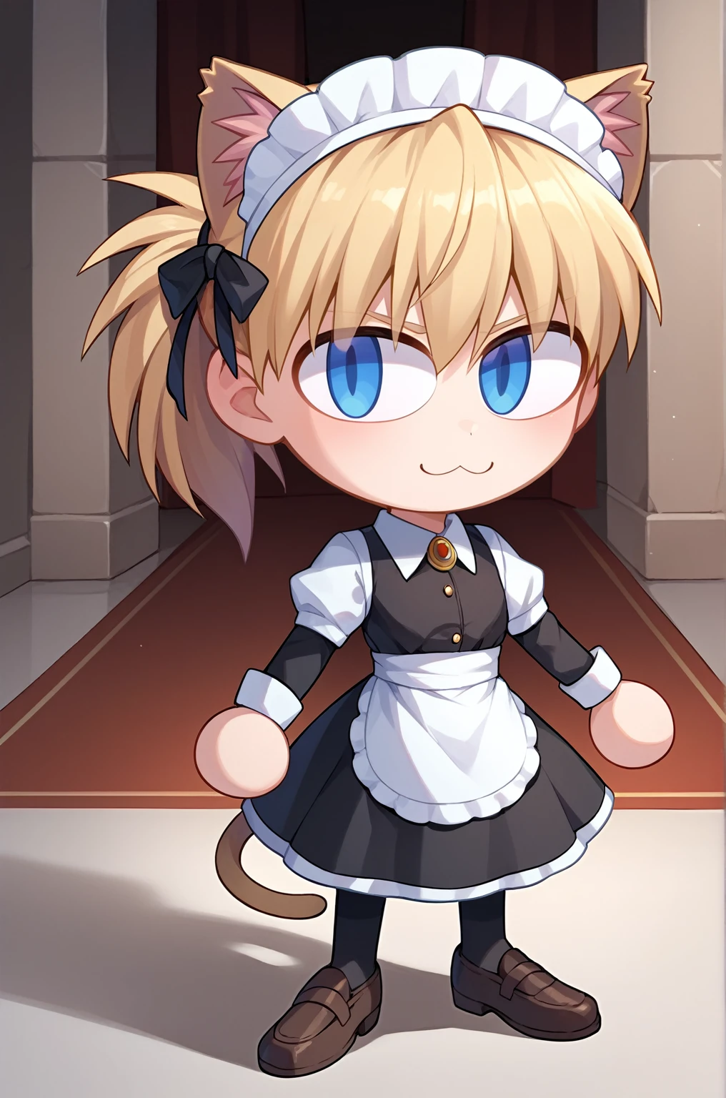 score_9, score_8_up, score_7_up, score_6_up, score_5_up, score_4_up, BREAK, 1girl, solo, necoarc, lit pupils, cat ears, chibi, :3,  feliciadef, blonde hair, ponytail, blue eyes, hellsing, seras, maid headdress, brooch, maid apron, black thighhighs, bridal gauntlets, castle, indoors,