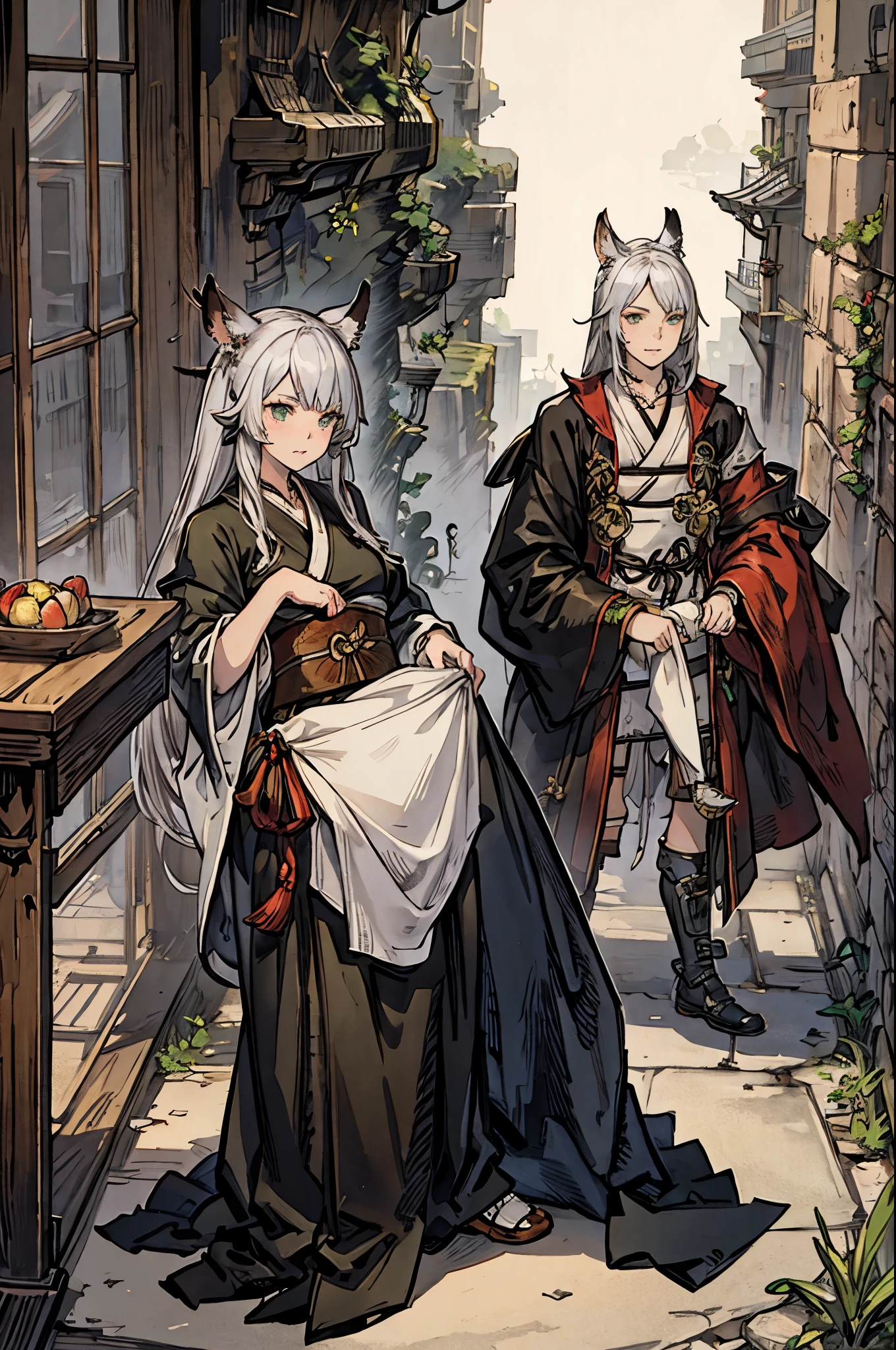 ffxiv, catgirl, samurai, silver hair, green eyes,