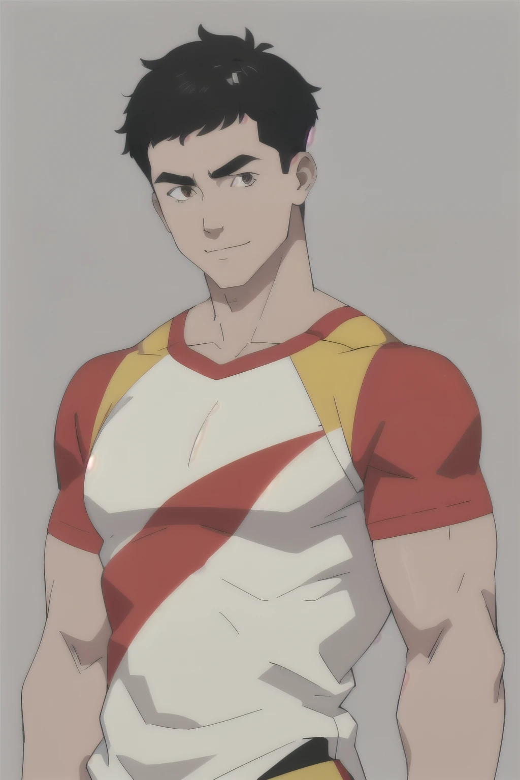 masterpiece, best quality, bright colors, 1boy, solo, walking male focus, muscular male, short black hair, brown eyes, small smile, healthy complexion, muscle shirt, upper body, looking at viewer, simple background
