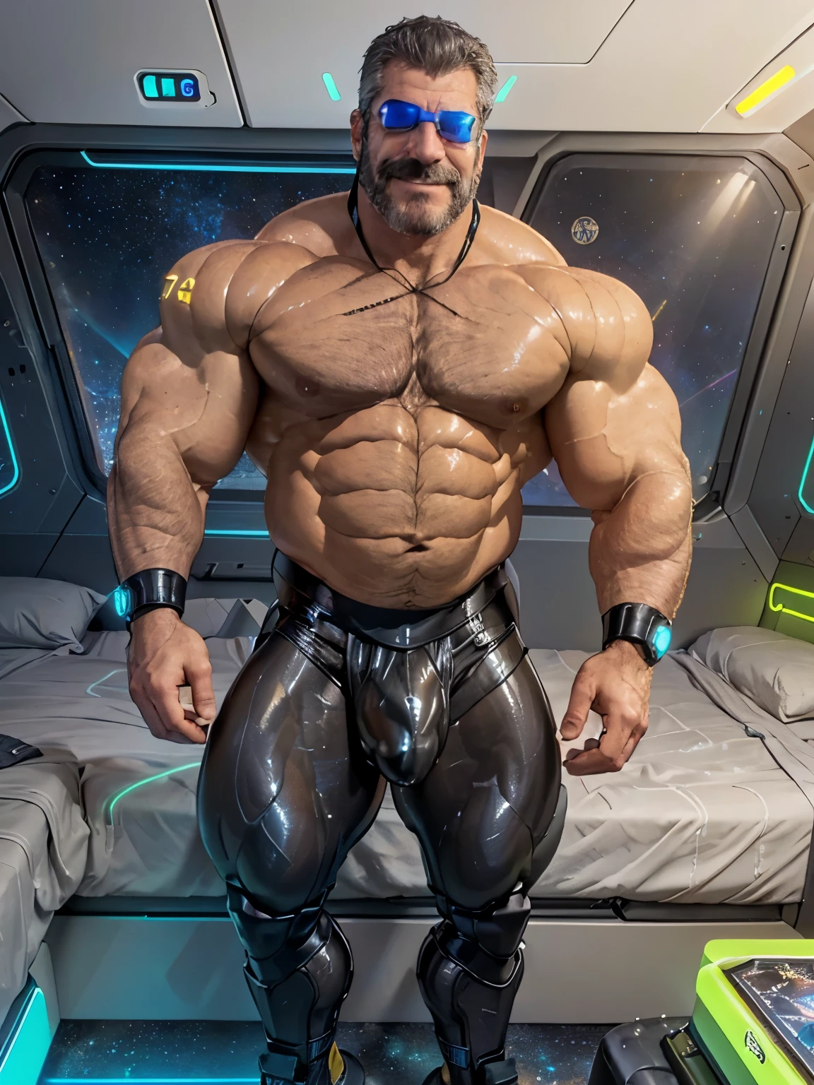 full body portrait, strong burly hairy mature older man(space captain), wearing futuristic captain's uniform insignia (neon and black) (open and revealing) (latex) , gray hair, reflective sunglasses (neon yellow rims), broad shoulders, round belly, thick feet, bulging micro thong, barefoot, scifi spaceship captain uniform, neon lights, best quality elegant masterpiece, face looks like Tom Selleck (Magnum PI) , military buzzcut, dark mustache, gray stubble, latex, wearing a latex thong, big bulging crotch, futuristic gear equipment, wearing see through plastic chest armor (neon yellow and electric blue), wearing neon yellow see through chest armor, wearing electric blue latex chaps(see-through) , wearing cool neon sneakers,in spaceship cockpit, lying in spaceship sleeping quarters(bed) (view from above), smiling with teeth showing, nicebulge, waiting in bed, glowing armor, legs up(!) and spread(!) , big muscle ass, wet and dripping ass, visible asshole(!) , wet asshole, hairy pecs, thick long legs, 