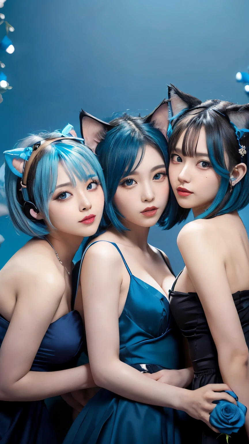 masterpiece, 4K, Bokeh, Beautiful Face, Harem, (Multiple Girls:1.4), (Group photo:1.5), (Cat ear:1.3), (White bob hair:1.3) , Looking at the audience, Cowboy Shot, With many cats in his arms, (Neon Blue Background :1.4), close