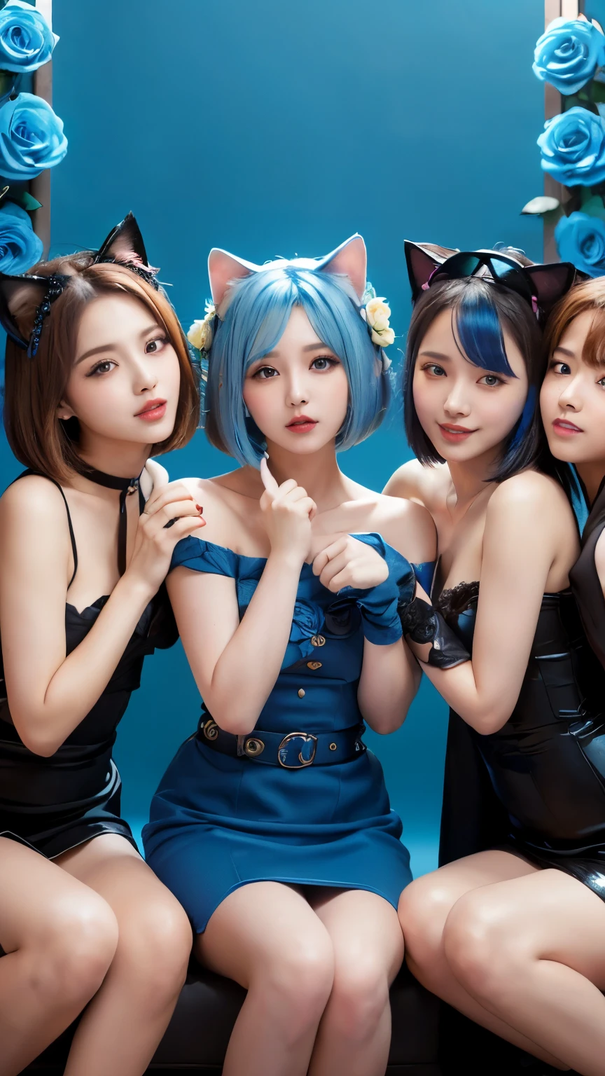masterpiece, 4k, Bokeh, beautiful face, (multiple girls:1.6), Harem, (group photo:1.6), (Cat ear:1.3), (blue medium bob hair:1.4), (blue theme:1.6), looking at the viewer, (Blue roses:1.4), (blue cafe background:1.5), (Fullbody shot:1.2)