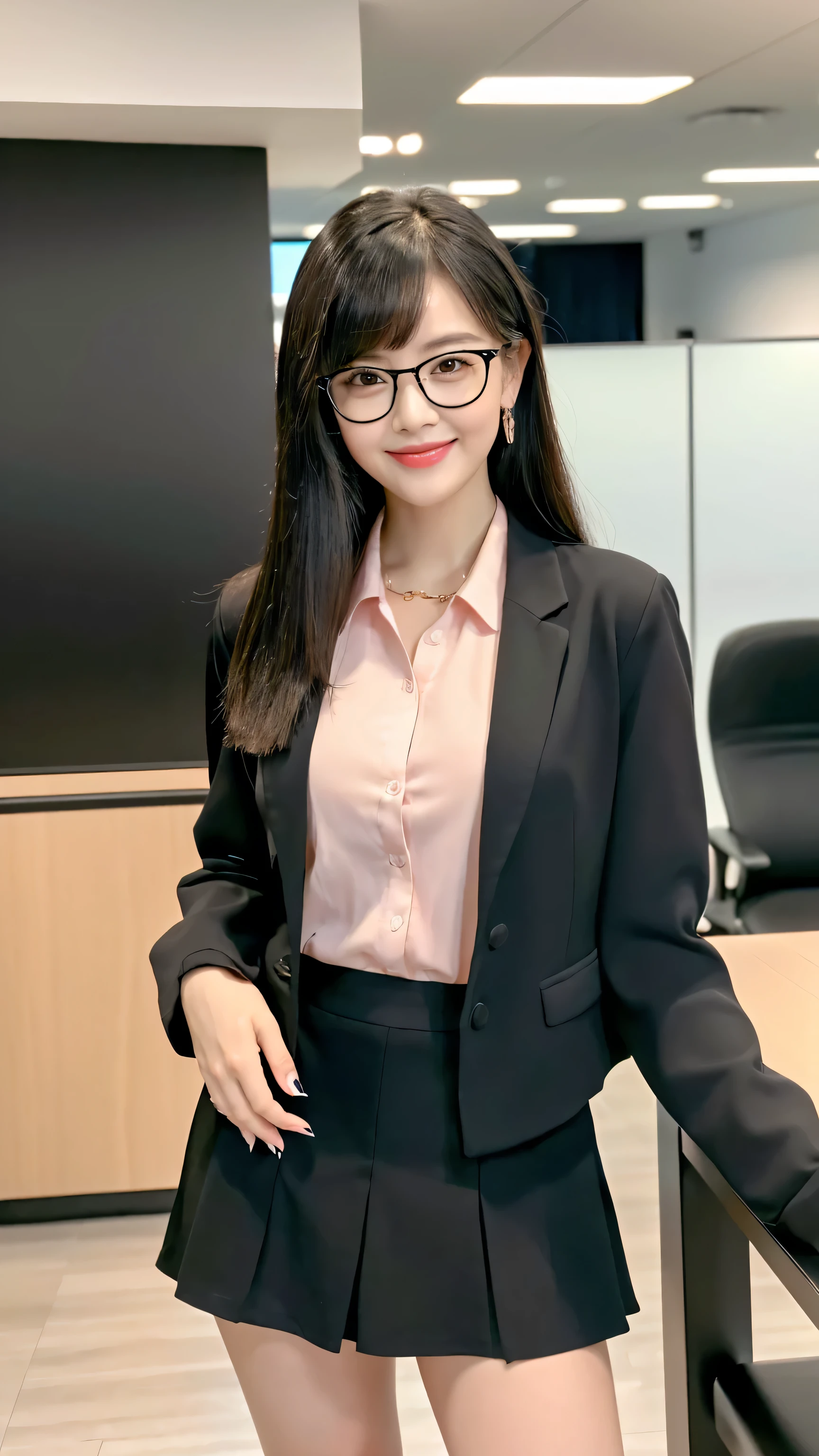 ((RAW photograph, Realistic photo, Best quality, 8K, Masterpiece: 1.3)), (raw photo:1.2), Hyperrealist portrait gorgeous Beautiful Chinese girl, 28 years old, pretty body, very detailed eyes and face, (delicate face, peach pink lip, natural makeup: 1.3, blushing), beautiful detailed eyes, seductive sharp eyes, (charming smile: 1.4), smooth white skin, photo realistic, very detailed faces, ((wearing glasses, black modern blazer: 1.2, black skirt: 1.2, white shirt)), (long legs: 1.2, beautiful long nails), bangs loose curls hairstyle, ((random charming standing poses), full body), (modern office room background)