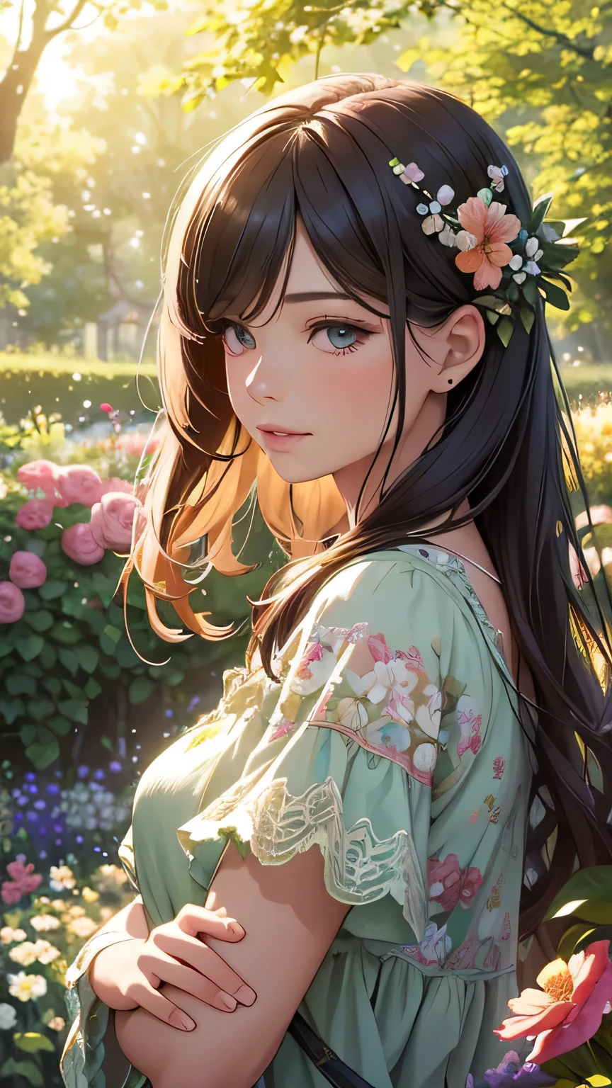 A girl in a floral garden, vibrant with colors, ((photorealistic)),((Hyper realistic)),((sharp focus)),(highest resolution),(the most absurd quality),(masterpiece) portrays a peaceful scene. This artwork, created with (oil paints:1.1), showcases the lush (greenery) and delicate (blooming flowers). The girl is wearing a (flowing dress) that compliments the lively surroundings. Her (beautiful detailed eyes, beautiful detailed lips, long eyelashes) exude a sense of (tranquility) and wonder. The garden is illuminated with (soft sunlight), casting gentle (sunlight) and (shadows) on the girl and the surrounding nature. The combination of (realistic, photorealistic:1.37) details, (sharp focus), and (bokeh) effect results in an (ultra-detailed) and captivating masterpiece. This artwork is evocative of the (impressionism) style, with a (colorful palette) that adds depth and richness to the scene, creating a sense of (serenity) and (joy). The (landscape) is harmoniously balanced, inviting the viewer to immerse themselves in the atmosphere of the garden, feeling the breeze and listening to the gentle rustling of leaves.