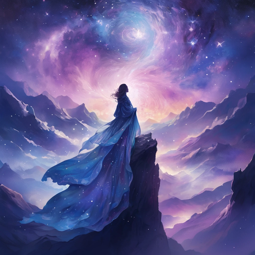 A figure stands on a cliff, enveloped in swirling streams of cosmic energy, amidst a dreamy, nebulous landscape. The silhouette of the person is wrapped in a flowing, ethereal gown that merges with the celestial currents. The sky is a tapestry of deep purples and blues, sprinkled with stars, and the landscape below is hinted at with soft, rolling mountains. The scene is one of tranquility and the sublime, capturing the majestic essence of the cosmos with a single, contemplative figure standing in awe.