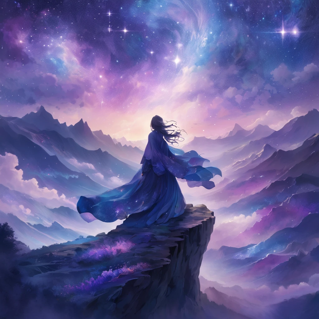 A figure stands on a cliff, enveloped in swirling streams of cosmic energy, amidst a dreamy, nebulous landscape. The silhouette of the person is wrapped in a flowing, ethereal gown that merges with the celestial currents. The sky is a tapestry of deep purples and blues, sprinkled with stars, and the landscape below is hinted at with soft, rolling mountains. The scene is one of tranquility and the sublime, capturing the majestic essence of the cosmos with a single, contemplative figure standing in awe.