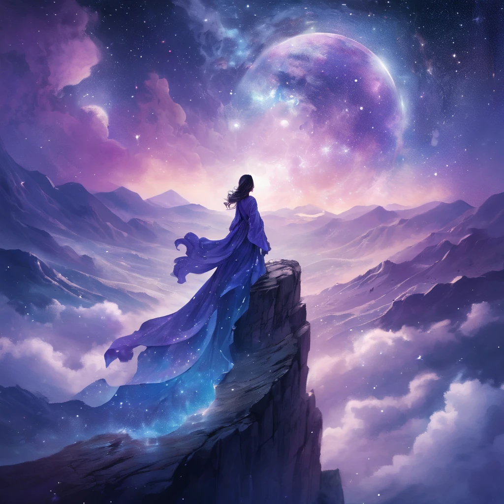 A figure stands on a cliff, enveloped in swirling streams of cosmic energy, amidst a dreamy, nebulous landscape. The silhouette of the person is wrapped in a flowing, ethereal gown that merges with the celestial currents. The sky is a tapestry of deep purples and blues, sprinkled with stars, and the landscape below is hinted at with soft, rolling mountains. The scene is one of tranquility and the sublime, capturing the majestic essence of the cosmos with a single, contemplative figure standing in awe.