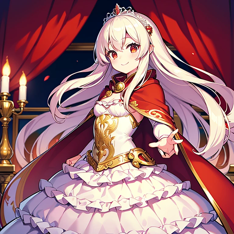(best quality),(ultra detailed), upper body, beautiful anime art style, rococo style,(long train red cape), very long cape,(long train white ball gown with flower decorations), a girl is wearing a cape over her ball gown, 1 little princess, tiara, small breasts, smile, very long hair